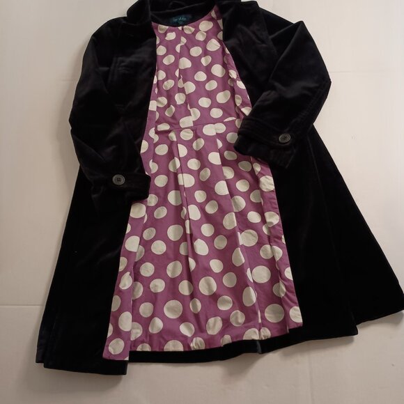 Boden Black Velvet Like Knee-Length Coat w/Purple & White Dot Lining Women’s 14 - Picture 6 of 10